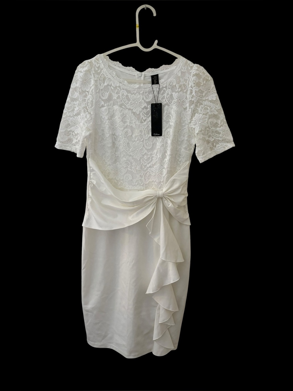 Yfs White Lace Ruffle Sheath Knee Length Dress Front Slit Zip Women M